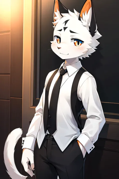 Black and white cat boy，Furry cat，Black vest，Suit，White shirt，Black Tie，Black shorts，Blue and orange pupils，White forehead