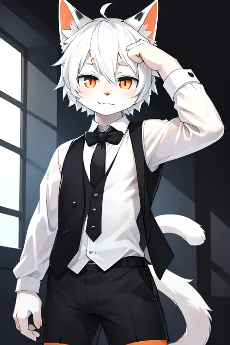 2 black and white cat boy，Furry cat，Black vest，Suit，White shirt，Black Tie，Black shorts，Blue and orange pupils，White forehead，White hair