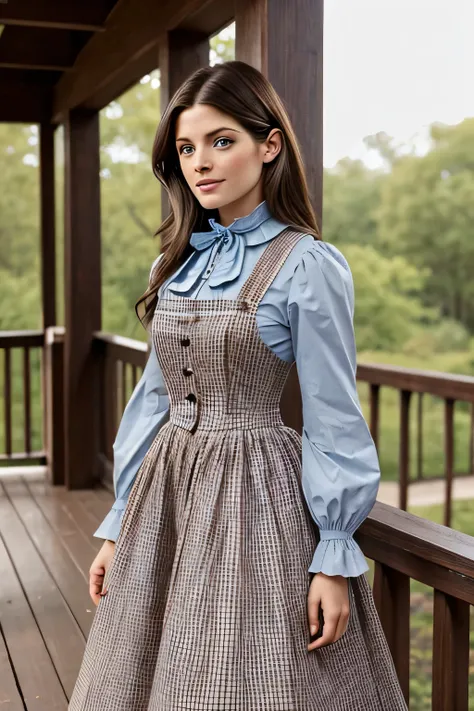 Prim and proper dark russet dirty and soiled Victorian-era gingham dress with high collar, long-sleeves, and an ankle-length skirt. Worn by a beautiful 20-year-old Caucasian woman with black hair and blue eyes while chatting on a wooden porch. (Ashley Gree...