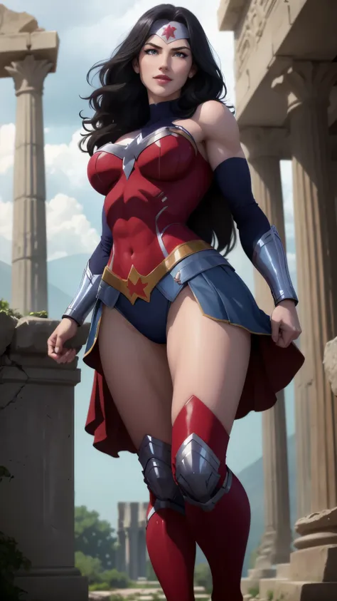 wonder woman da DC,(best qualityer,4K,8k,high resolution,work of art:1.2)(weather: cloudy), greek temple background, temple ruins, long curly hair, black hair, red top, blue micro shorts, red thigh high boots, diadem, spartan armor, dress trail, bracelets,...