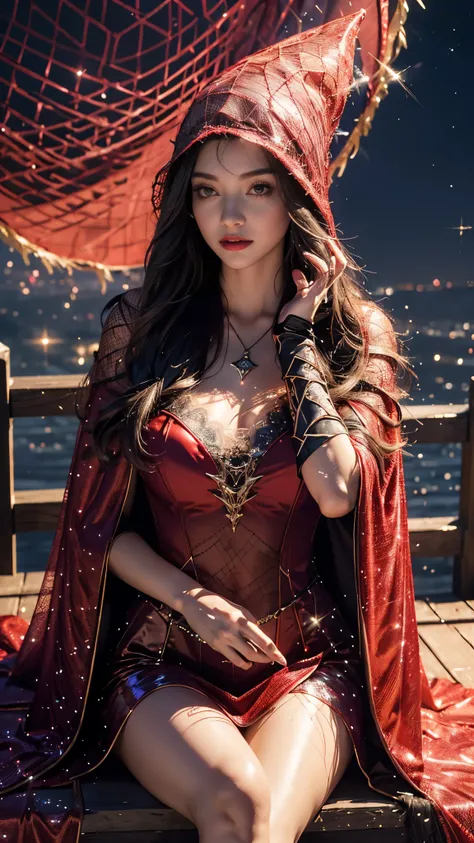 Top quality, masterpiece, ultra high definition, Original photo, 1 Girl, ((mesh sardine)), cinematic lighting, very long hair, wind, necklace, piercing, ((Sorceress clothing)), ((glitter clothing)), red clothing, ((detailed clothing)), ((mesh lace)), ((mes...