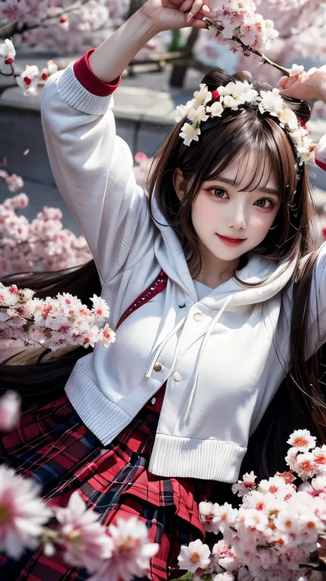 anime, ((Astonishingly Absurd)), (Masterpiece: 1.2), Ultra High Resolution, Attention to Detail, High Quality, High Resolution, Top Quality, 4k, 8K, Short Hair, Black Hair, Black Hoodie, White Skirt, Cherry Blossoms in Full Bloom, Cherry Tree Line, Reachin...