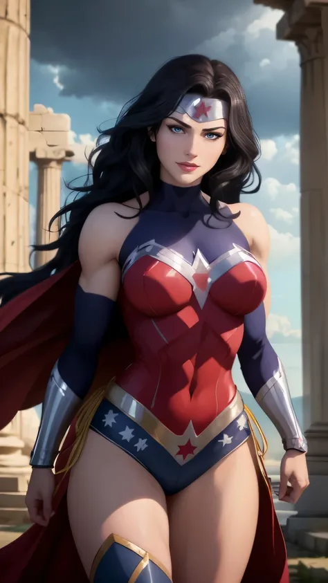 wonder woman da DC,(best qualityer,4K,8k,high resolution,work of art:1.2)(weather: cloudy), greek temple background, temple ruins, long curly hair, black hair, red top, blue micro shorts, red thigh high boots, diadem, spartan armor, long dress trail, brace...