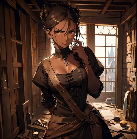 mature medieval thief girl, (medium brown skin: 1.5), (full lips: 1.2), black hair up in messy bun, (tattered: 1.3) medieval peasant thief clothing, leaning against the wall of a filthy wooden room, (frowning suspiciously: 1.2), (nighttime: 1.1)