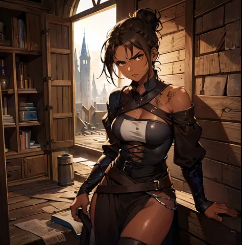 mature medieval thief girl, (medium brown skin: 1.5), (full lips: 1.2), black hair up in messy bun, (tattered: 1.3) medieval peasant thief clothing, leaning against the wall of a filthy wooden room, (frowning suspiciously: 1.2), (nighttime: 1.1)