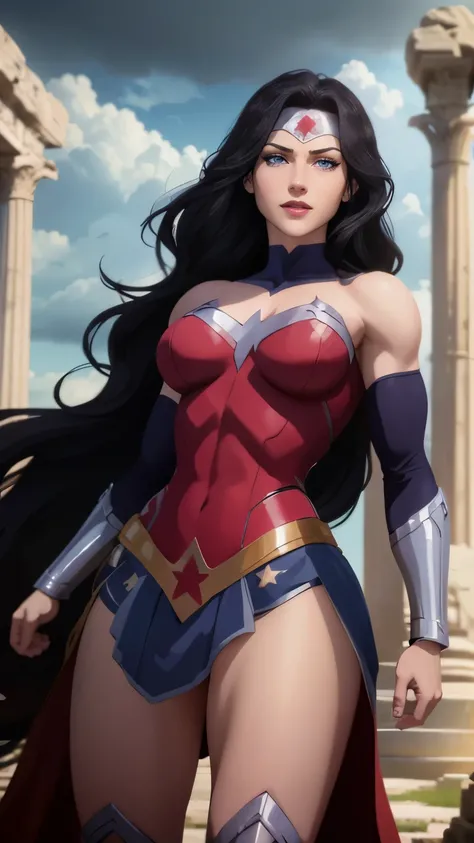 wonder woman da DC,(best qualityer,4K,8k,high resolution,work of art:1.2)(weather: cloudy), greek temple background, temple ruins, long curly hair, black hair, red top, blue micro shorts, red thigh high boots, diadem, spartan armor, long dress trail, brace...