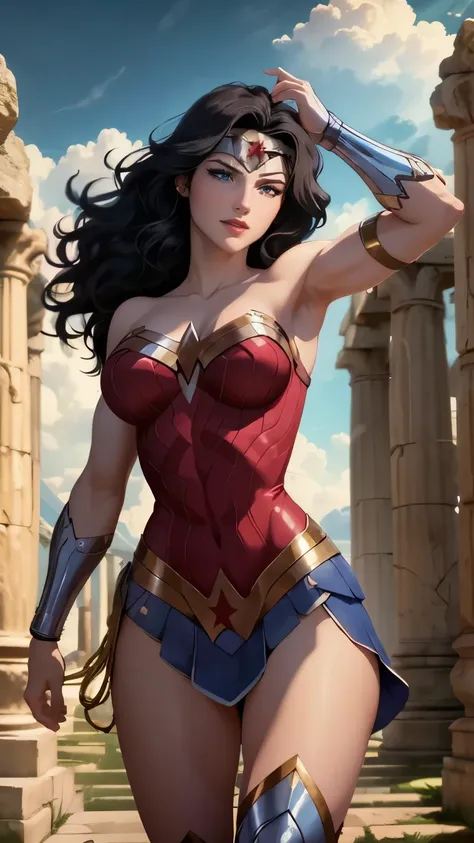 wonder woman da DC,(best qualityer,4K,8k,high resolution,work of art:1.2)(weather: cloudy), greek temple background, temple ruins, long curly hair, black hair, red top, blue micro shorts, red thigh high boots, diadem, spartan armor, long greek skirt, brace...