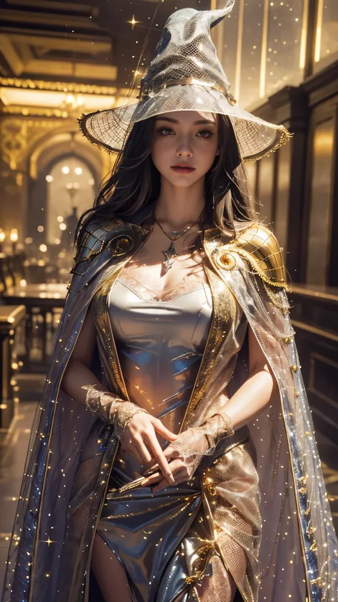 Top quality, masterpiece, ultra high definition, Original photo, 1 Girl, ((mesh sardine)), cinematic lighting, very long hair, wind, necklace, piercing, ((Sorceress clothing)), ((glitter clothing)), golden clothing, ((detailed clothing)), ((mesh lace)), ((...