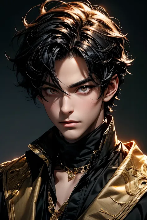 Boy, black hair, golden eyes, prince, best quality work, masterpiece, 16k