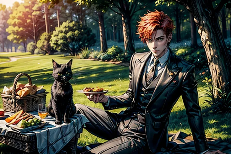 young man with 1 appearance, short orange hair combed back, green eyes, wearing an elegant black suit, sitting on a large picnic...