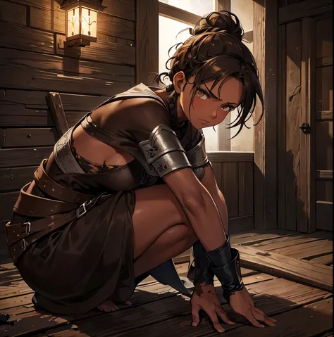 mature medieval thief girl, (medium brown skin: 1.5), (full lips: 1.2), black hair up in messy bun, (tattered: 1.3) medieval peasant thief clothing, crouching against the wall of a filthy wooden room, (frowning suspiciously: 1.2), (nighttime: 1.3)