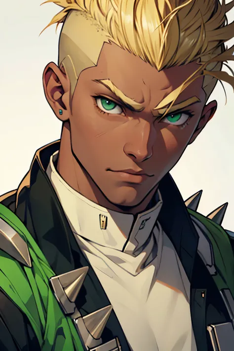 1 , adolescent, blonde shaved hair, brown skin, green eyes, com uniforme de super heroi, with human bone spikes