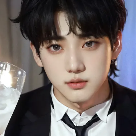 there is a man with a tie and a white shirt holding a glass, jungkook, cai xukun, jinyoung shin, black haired yoongi, jinyoung shin aesthetic, jia, inspired by Bian Shoumin, wan adorable korean face, hyung tae, taejune kim, mark lee, yanjun chengt, young w...