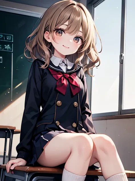 girl , baby face, brown eyes, ((wavy hair)) ,ash light brown hair, ((medium hair)) ,winter school uniform,eyelashes, quality, ultra detailed, ultra high res,light smile, classroom,big eyes, droopy eyes, feet out of frame