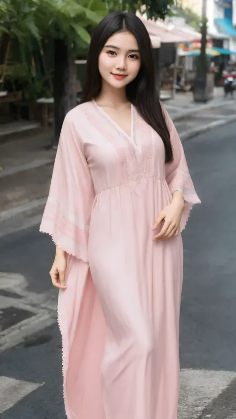 1Girl, Beautiful Indonesian Girl Face, Face Age 22 Years, Eye Contacts, Detailed skin, (Pink-White Kaftan), Pink Kaftan, Perfect Eyeliner, Perfect Mascara, Soft Make-up, Straight Black Hair, Medium Breasts, Both Arms Open to The Side, Indonesian Street Bac...