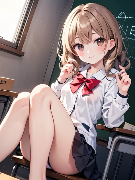 girl , baby face, brown eyes, ((wavy hair)) ,ash light brown hair, ((medium hair)) ,winter school uniform,eyelashes, quality, ultra detailed, ultra high res,light smile, classroom,big eyes, droopy eyes, feet out of frame,dutch angle,heart pose