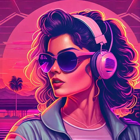 ((Best quality),(Masterpiece),(Amazing detail), illustration, synthwave beautiful caucasian woman, wearing sunglasses and headphone, high resolution, tshirt design, rzminjourney, vector-art,synthwave style,sunset,palm,outrun style,dreamy,future style,Digit...