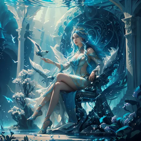 arafed woman sitting on a throne with a bird in her hand, closeup fantasy with water magic, fantasy art behance, detailed fantasy digital art, beautiful fantasy art, sitting in her throne underwater, very beautiful fantasy art, detailed fantasy art, breath...