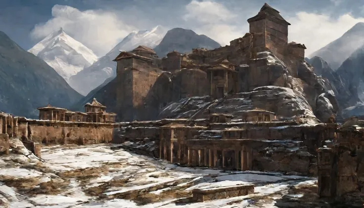 view of the mountain range, great mountains, snow-capped peaks, in the rocky slope is carved out ob obious building, massive walls, ancient building, monumental, dark, desolate, fortress built into the mountain, dark fantasy