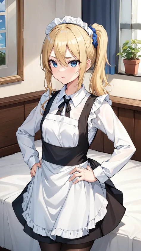 Masterpiece, Best Quality, High resolution, One girl, hayasaka ai, Alone, Blonde, Maid, blue eyes, Side Ponytail, Hair Scrunchie, Hair accessories, Blue Scrunchie, Maid headdress, apron, Hair between the eyes, chest, Long sleeve, bangs, White shirt, Black ...