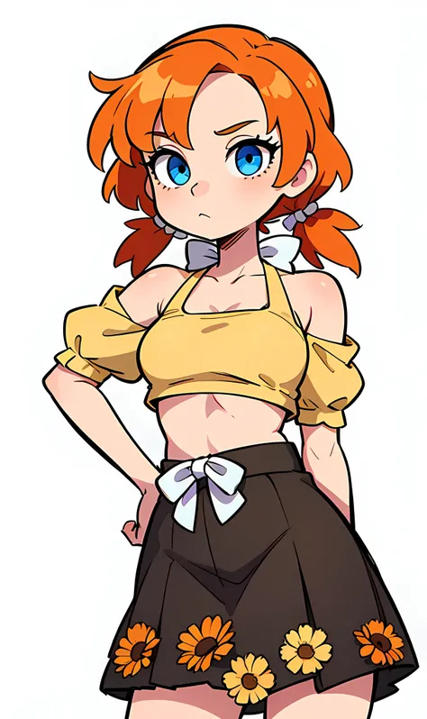 solo, 1girl, upper body, orange hair, short twintails, blue eyes, crop top with back bow on neck , skirt with flower tracery