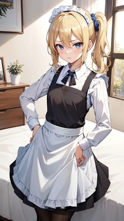 Masterpiece, Best Quality, High resolution, One girl, hayasaka ai, Alone, Blonde, Maid, blue eyes, Side Ponytail, Hair Scrunchie, Hair accessories, Blue Scrunchie, Maid headdress, apron, Hair between the eyes, chest, Long sleeve, bangs, White shirt, Black ...