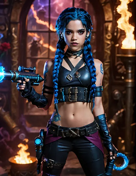 jenna ortega as jinx, cinematic photo professional of a beautiful ((ohwx woman)), blue braided black hair, colorful makeup,  ins...