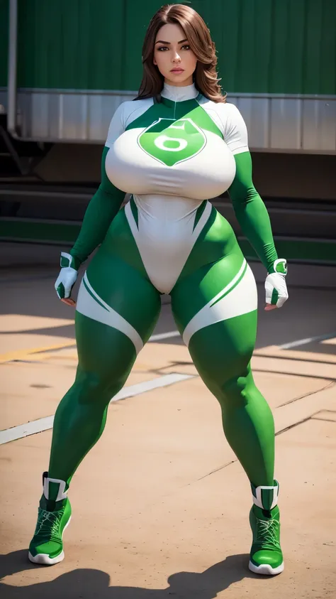 a sexy woman with big breasts, athletic body, thick thighs, wearing a green and white superhero uniform, , leggings, green boots, green gloves , detailed facial features, cinematic lighting, 8k, photorealistic, highly detailed using name 