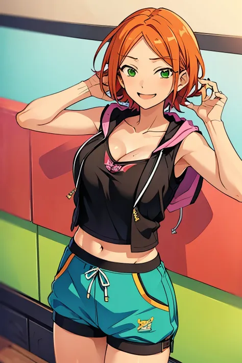 yuta2 hinata2 ((2girl, multiple girls, twin)), (big breast)orange hair, green eyes , ((happy)),( cleavage,) smile 
short sleevel...