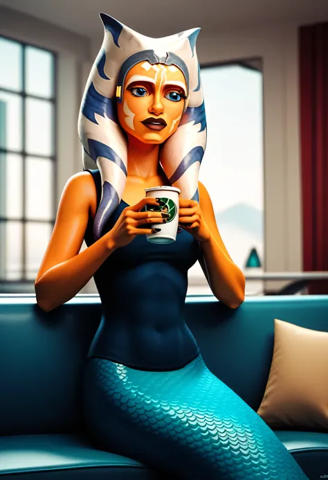 ahsokatanoxl, blue eyes, tentacle hair, orange skin, colored skin, facial mark, solo, mermaid, mermaid tail, scaly tail, sits on...