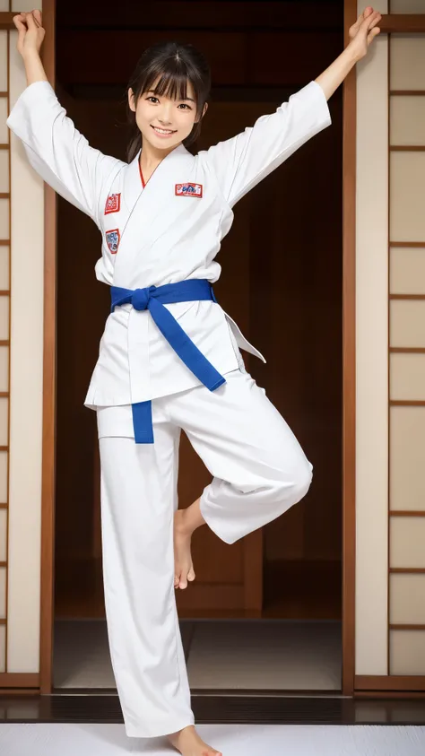 Ultra-realistic photos, Beautiful young Japanese woman, Charming smile, Accurate facial depiction, Accurate depiction of arms and legs, Dark brown hair, Beautiful Skin, Full body image, barefoot, White karate uniform, White karate pants, Tokyo