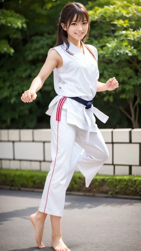 Ultra-realistic photos, Beautiful young Japanese woman, Charming smile, Accurate facial depiction, Accurate depiction of arms and legs, Dark brown hair, Beautiful Skin, Full body image, barefoot, White karate uniform, White karate pants, Tokyo