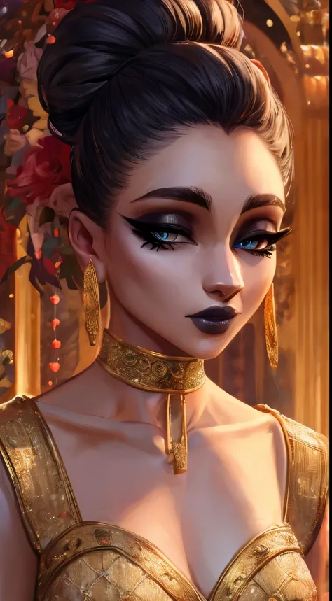 Amazing portrait of a sexy woman with her hair tied back in a low bun with her eyes emphasised by smokey eyeliner gazing at us seductively with her perfect lips parted wearing gold blouse and a white saree with gold embroidery