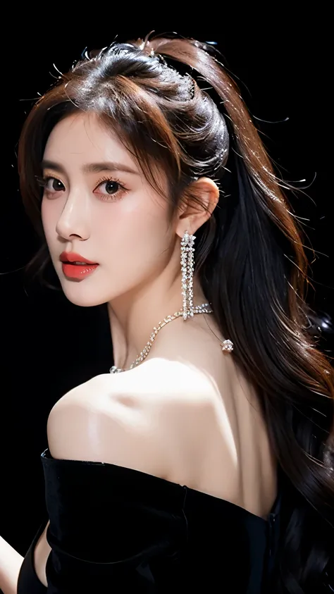 Ultra HD resolution,earrings,Long hair,Black background,Black backless dress,necklace,H Cup,Showing cleavage,Show more breasts,Amazing breast size,nipple,Expose the areola,Breast enlargement,Smooth and beautiful back,Completely bare back,Cool white skin,Bi...