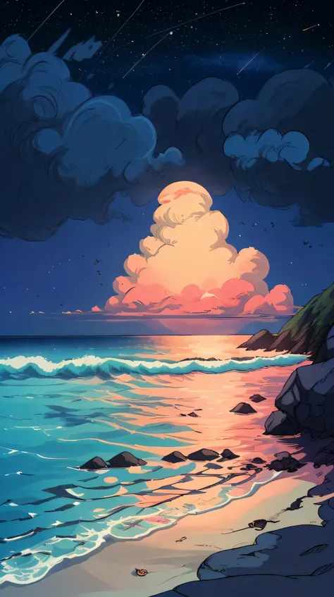 "Anime nature wallpaper of a serene beach at twilight with gentle waves and a sky transitioning from orange to deep blue. warm colors, and stars twinkling in the sky, creating a peaceful and reflective atmosphere."