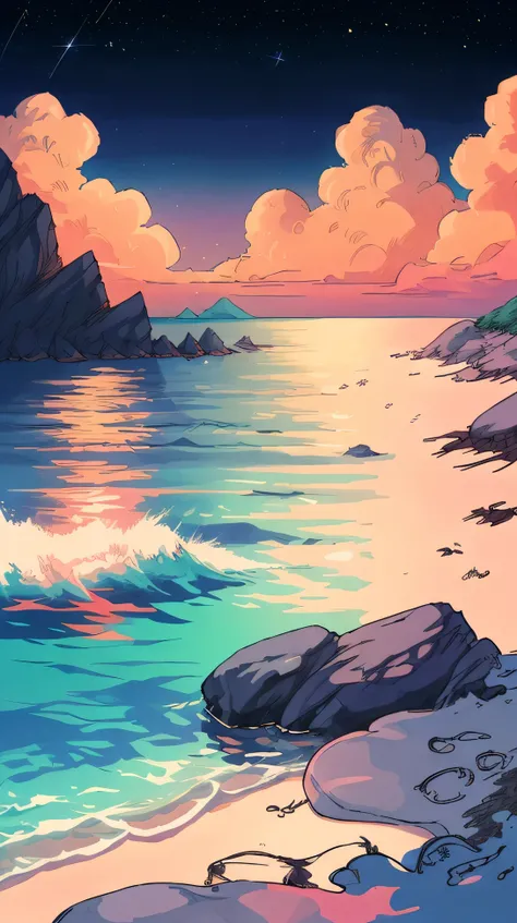 "Anime nature wallpaper of a serene beach at twilight with gentle waves and a sky transitioning from orange to deep blue. warm colors, and stars twinkling in the sky, creating a peaceful and reflective atmosphere."