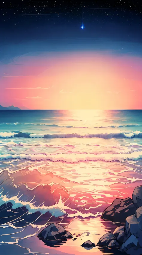 "Anime nature wallpaper of a serene beach at twilight with gentle waves and a sky transitioning from orange to deep blue. warm colors, and stars twinkling in the sky, creating a peaceful and reflective atmosphere."