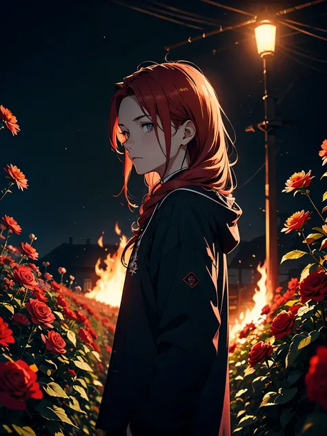 Fire. Red flowers. Sonne. Tageslicht. Hell. Tag. Mittags. Red hair. More anime. light red light. Bright red light. Red flowers. male. Long hair. long red hair, boy, long red hair. Fire.