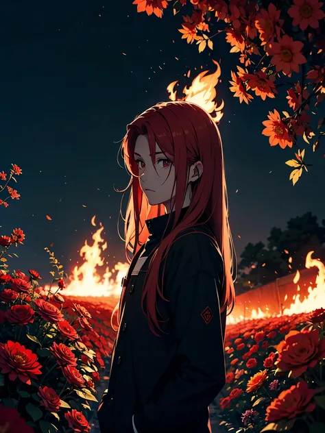 Fire. Red flowers. Sonne. Tageslicht. Hell. Tag. Mittags. Red hair. More anime. light red light. Bright red light. Red flowers. male. Long hair. long red hair, boy, long red hair. Fire.