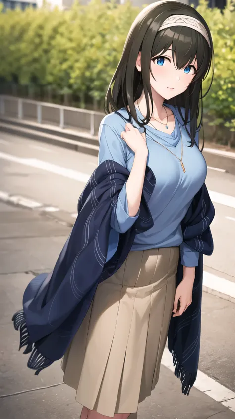 masterpiece, Best Quality, High resolution, aafumika, The Idolmaster, Long Hair, Hairbands, clavicle, necklace, Blue sweater, Blue shawl, Brown Skirt, Cowboy Shot, Standing, Outdoor,