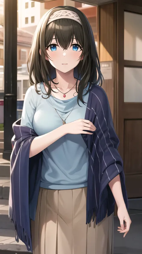 masterpiece, Best Quality, High resolution, aafumika, The Idolmaster, Long Hair, Hairbands, clavicle, necklace, Blue sweater, Blue shawl, Brown Skirt, Cowboy Shot, Standing, Outdoor,