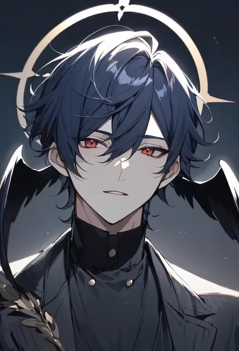 solo, handsome, 1 male, short hair, dark blue hair, dark red eyes, black shirt, black coat, halo, dark small wings behind ears