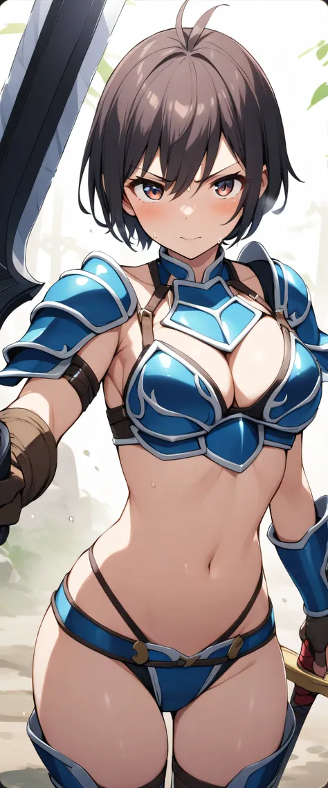 Female warrior in bikini armor、1girl、tits、Looking at the camera、shorthair!、Holding a sword