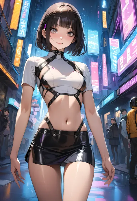 ((masterpiece,best quality anime:1.3,Best Quality)),realistic,cowboy shot,portrait,1woman,(young adult),one curl bob cut,bangs,black hair,((very small head:1.4)),gray eyes,gorgeous big eyes,smile、medium breasts,((very long body:1.3)),(Cyberpunk Fashion,nav...