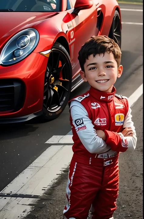 a  boy in a Formula 1 driver outfit. standing,  red clothes. smiling face. with a red porshe behind. a not so big child, approximately 1 meter high. 