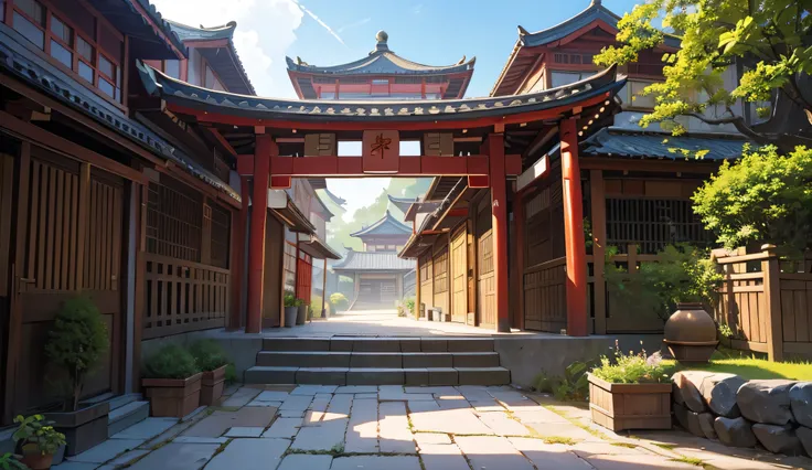 The scene should represent a traditional residential neighborhood in China., with an architectural style typical of the imperial era. Include details such as red-roofed houses and stone or wooden walls., gardens with bamboo and colorful flowers. Add elemen...