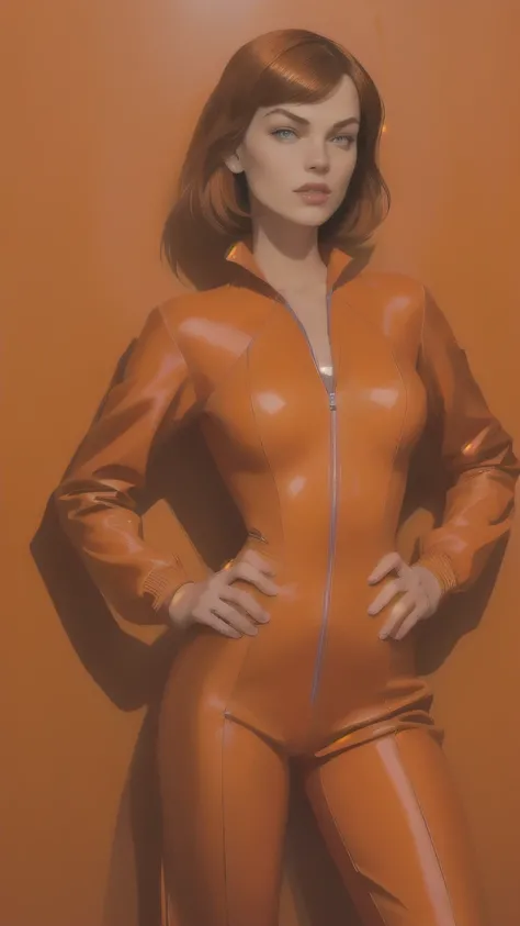 a woman in a brown jumpsuit posing for a picture, milla jovovich, wearing orange prison jumpsuit, leeloo outfit, winona ryder, mila jovovich as spiderwoman, wearing an orange jumpsuit, wearing prison jumpsuit, velma, circa 1992, 1999, 1 9 9 9, retro futuri...