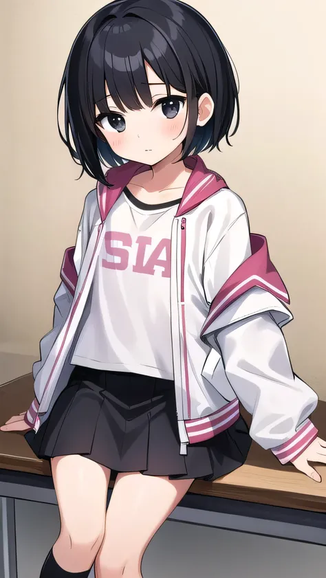 Black hair, short cut, kind face, modest personality, round head, sagging eyes, droopy eyes, girl, elementary school student, a little thin, jacket too big, white jacket, white T-shirt, (pink miniskirt:1.0), black hair, bangs A little short, black eyes,fla...