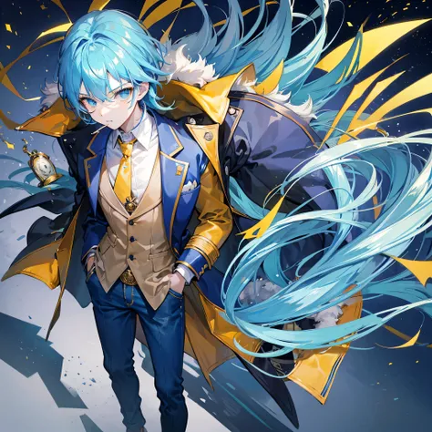 highest quality,Sky blue hair,Long hair,Adult,whole body,Browncoat,Pocket watch in code pocket,Wearing a suit under a coat,Yellow decoration on head,jeans,He has a cigarette in his mouth.