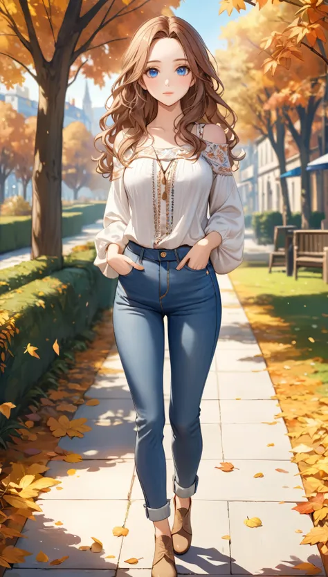 A young woman with beautiful blue eyes and long brown wavy hair with medium sized breast. She is wearing a boho outfit with (blue jeans:1.5). Outdoor setting in daytime in fall, giving a casual and relaxed atmosphere. (Best quality, Masterpiece:1.3, 8K, De...